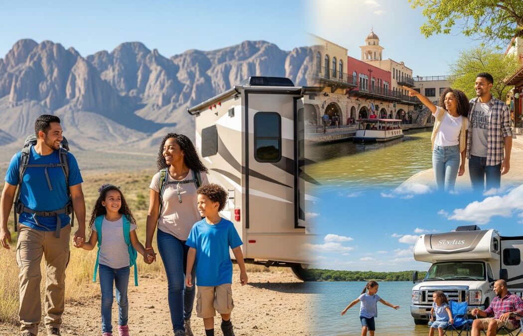 Family vacationing across diverse Texas landscapes with RV.