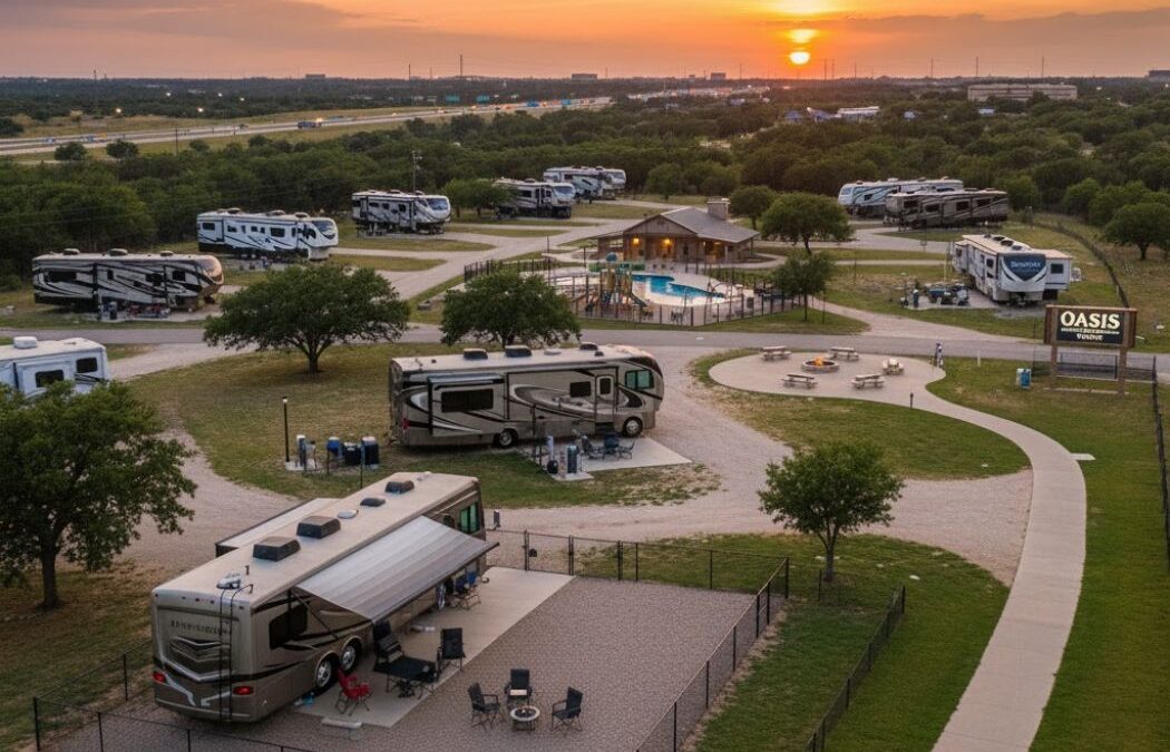 Parking for RV at a scenic RV park in Texas with hookups