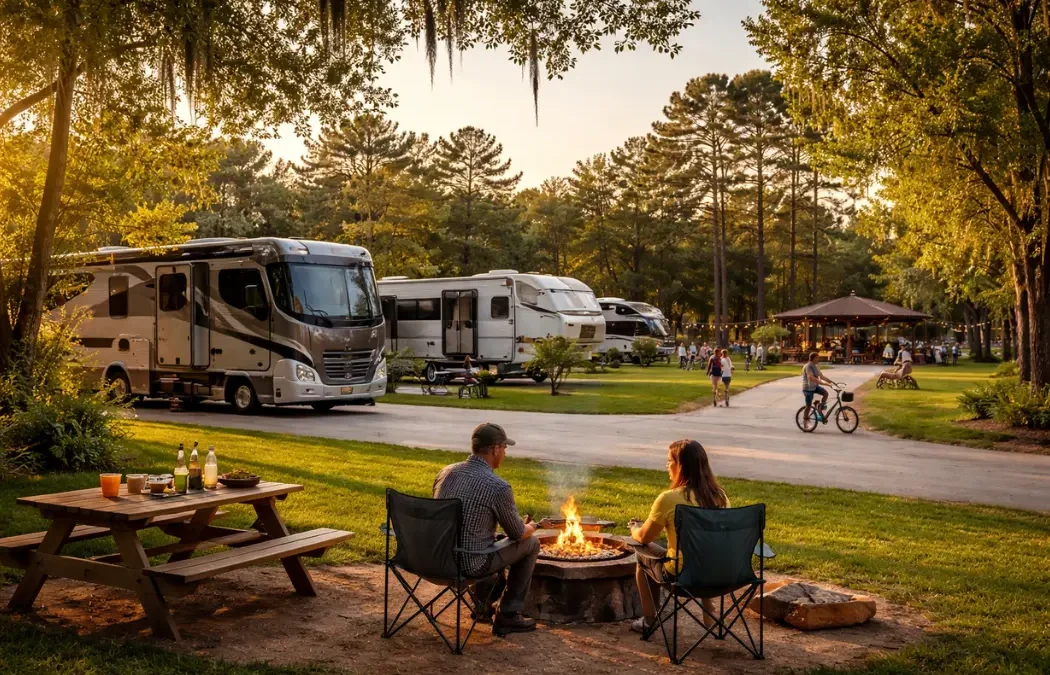Peaceful RV resort near Houston in Porter, Texas with travelers relaxing by a fire pit surrounded by trees and parked RVs during sunset