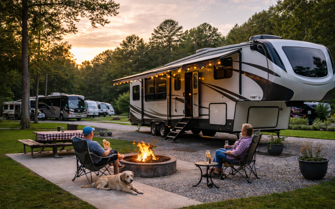 A peaceful RV park in Porter, Texas featuring spacious full-hookup RV sites, a large modern fifth-wheel RV, outdoor seating, and a cozy fire pit surrounded by green trees during sunset.
