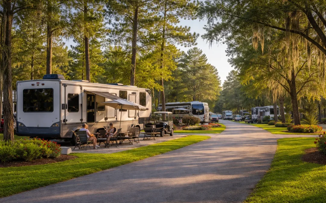 A clean and spacious RV resort with parked recreational vehicles along a paved road, surrounded by green lawns, trees, and landscaped areas, with people relaxing outdoors in a peaceful setting.