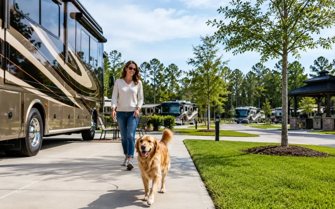 Happy dog walking beside a luxury RV at a spacious pet-friendly RV resort near Houston, featuring wide paved sites, green landscaping, and a relaxing campground atmosphere.