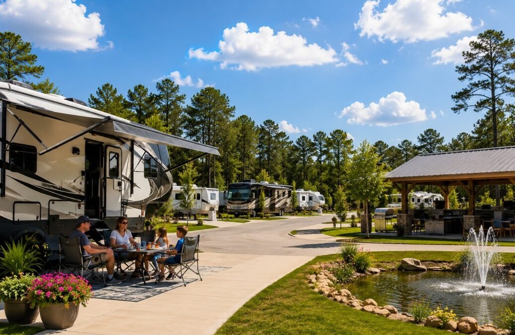 Spacious RV site with full hookups at Porter Strong RV Resort near Houston