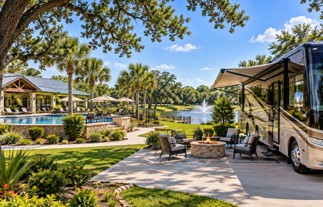 Luxury RV resort near Houston with a Class A motorhome, pool, clubhouse, landscaped grounds, and lakeside setting