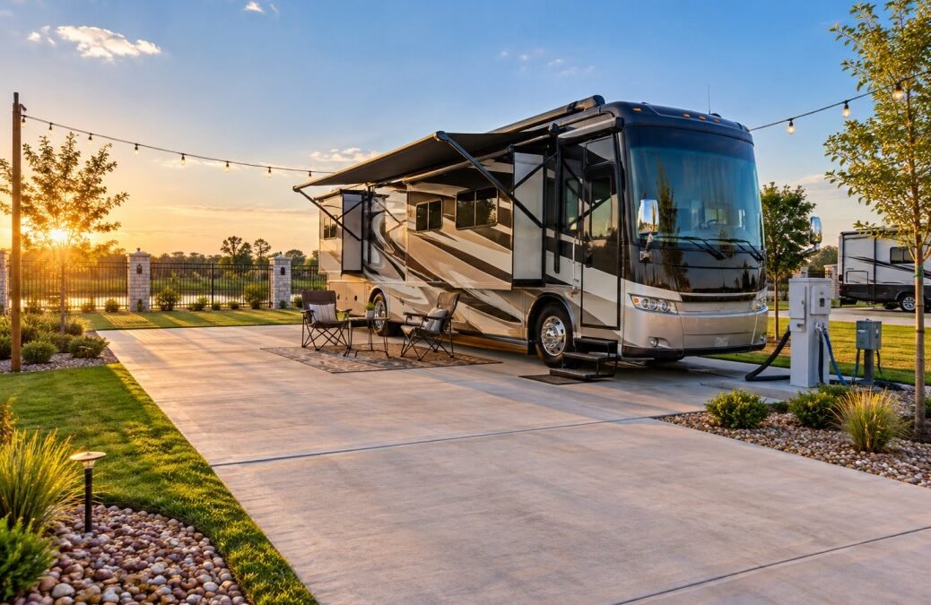Spacious monthly RV site in Texas with full hookups at a gated RV resort