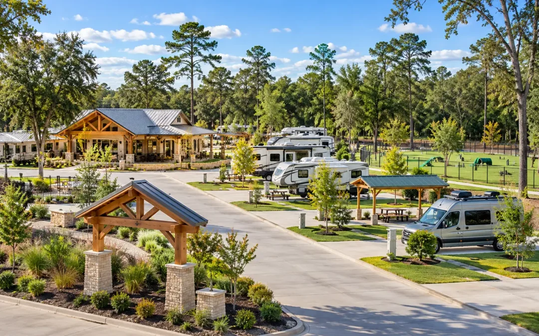 Well-maintained RV resort with spacious RV sites, landscaped grounds, clubhouse, picnic shelters, and a wooded setting near Kingwood, Texas